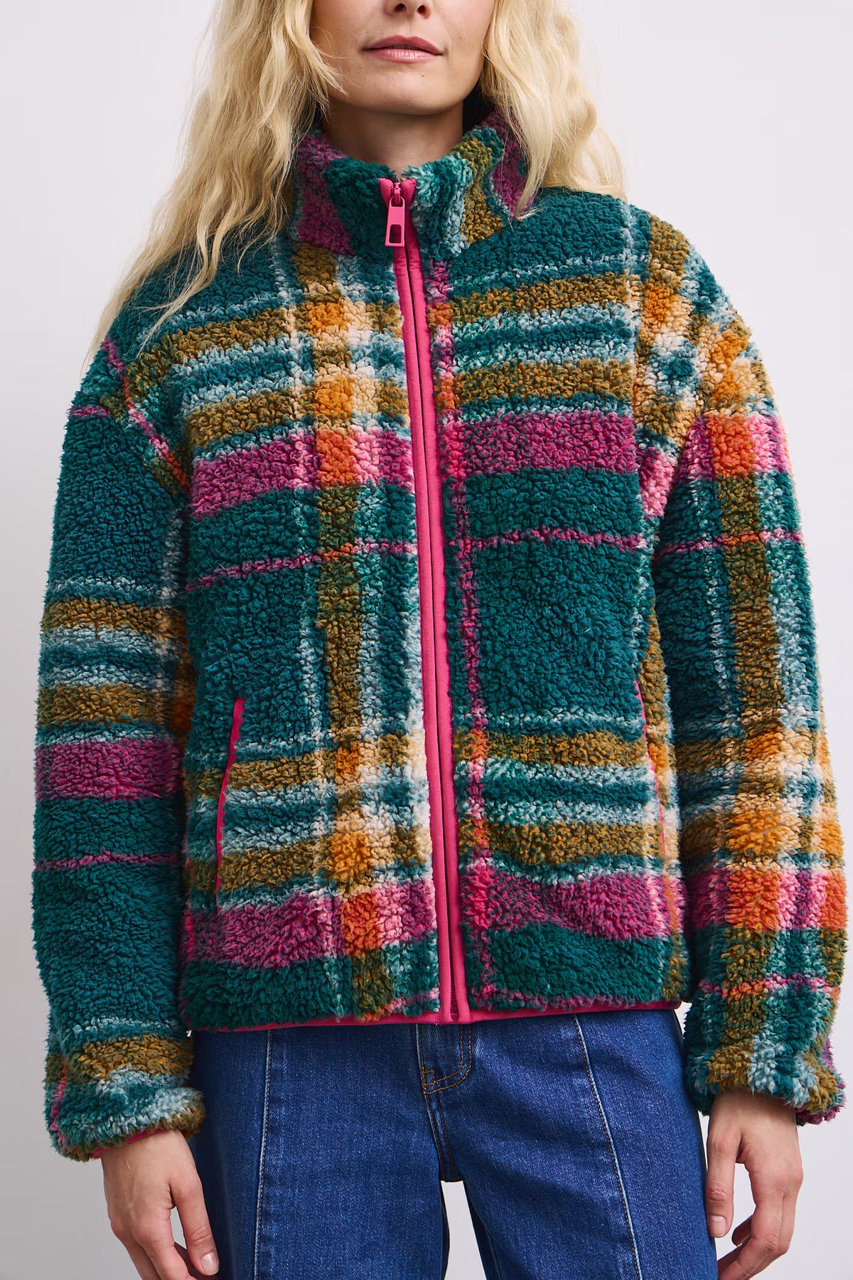 Dames fleece sweater met ruitpatroon en ritssluiting