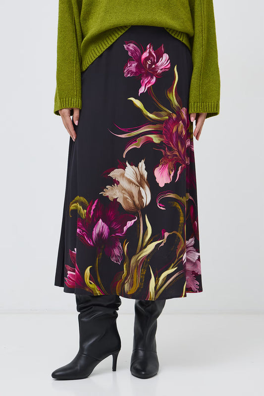 Dames lange rok met kleurrijke bloemenprint – Zwart