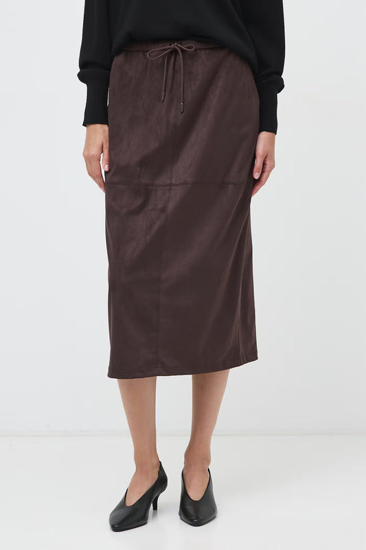 Dames lange rok met lederlook en elastische taille – Donkerbruin