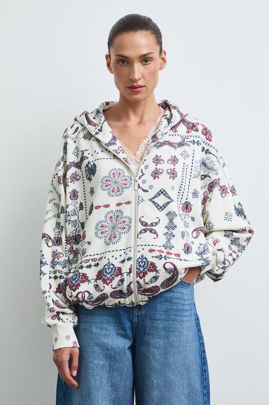 Damesvest met capuchon, ritssluiting en print