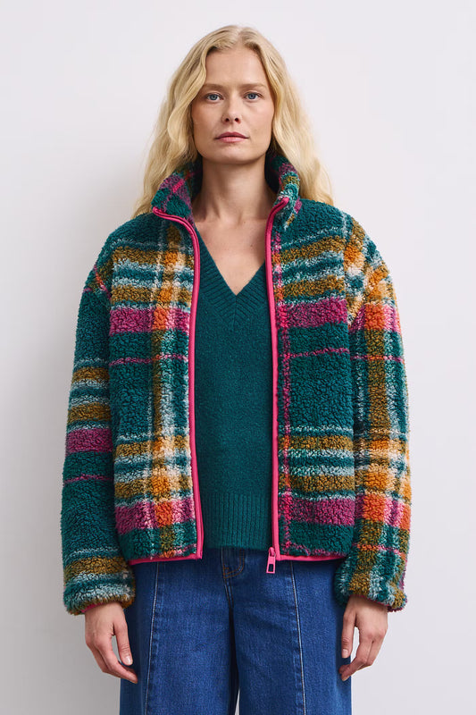 Dames fleece sweater met ruitpatroon en ritssluiting
