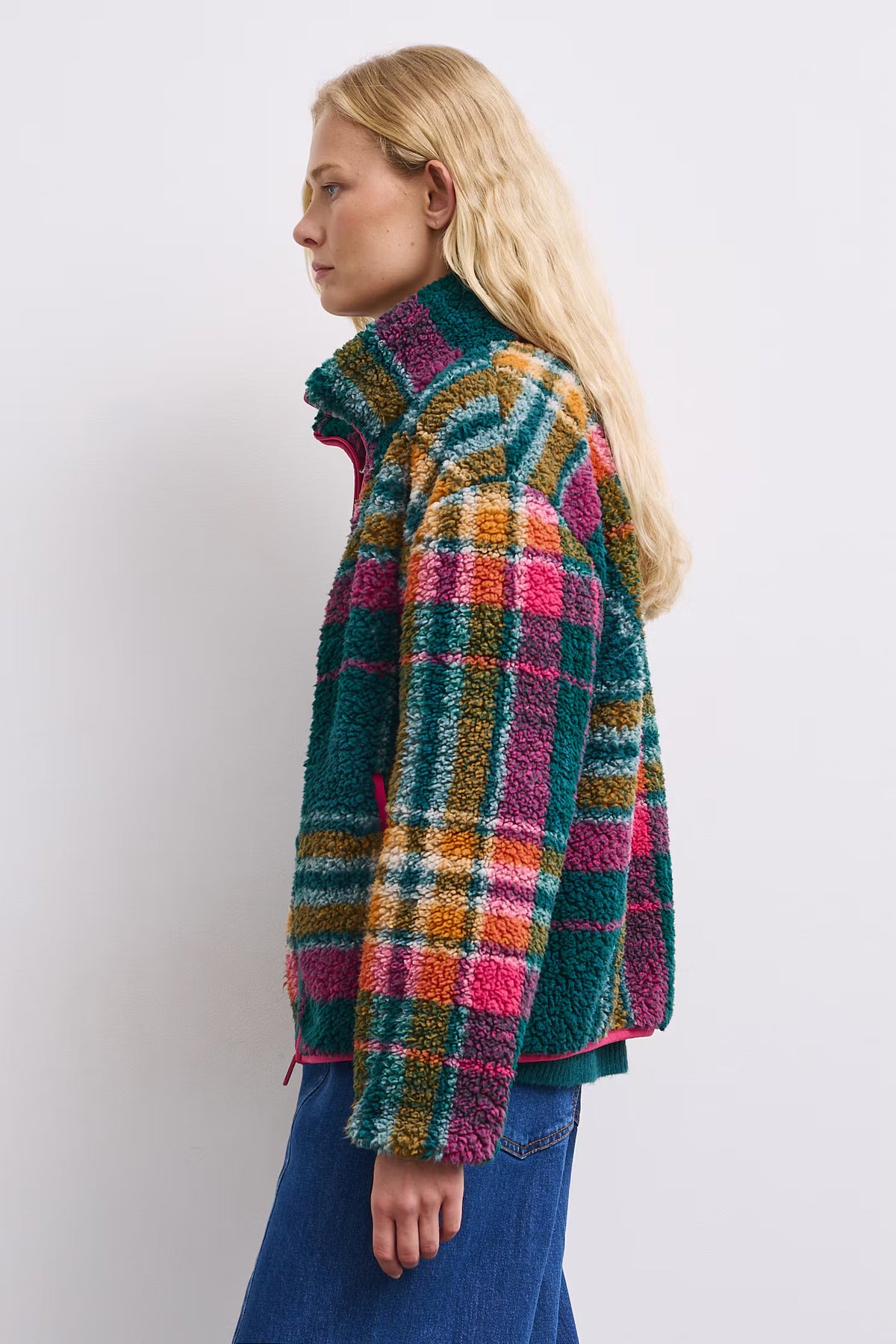 Dames fleece sweater met ruitpatroon en ritssluiting