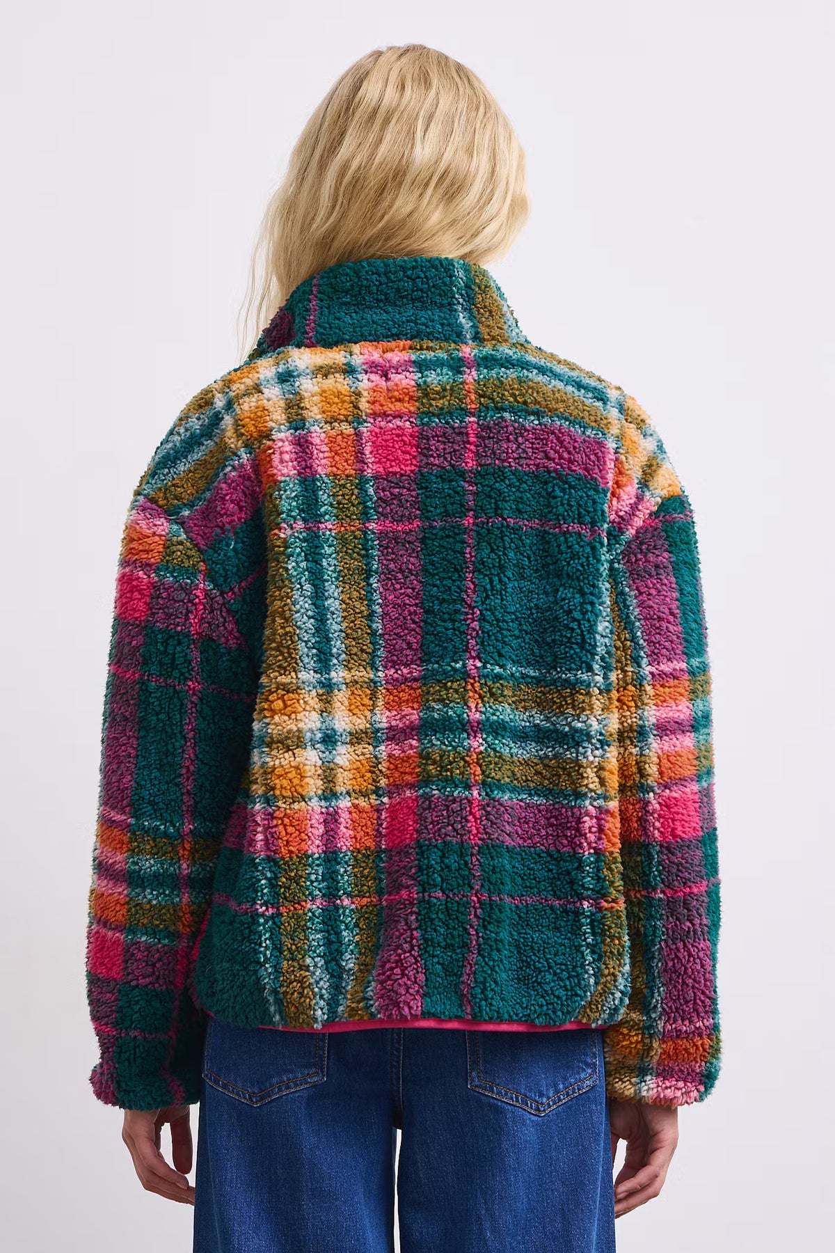 Dames fleece sweater met ruitpatroon en ritssluiting