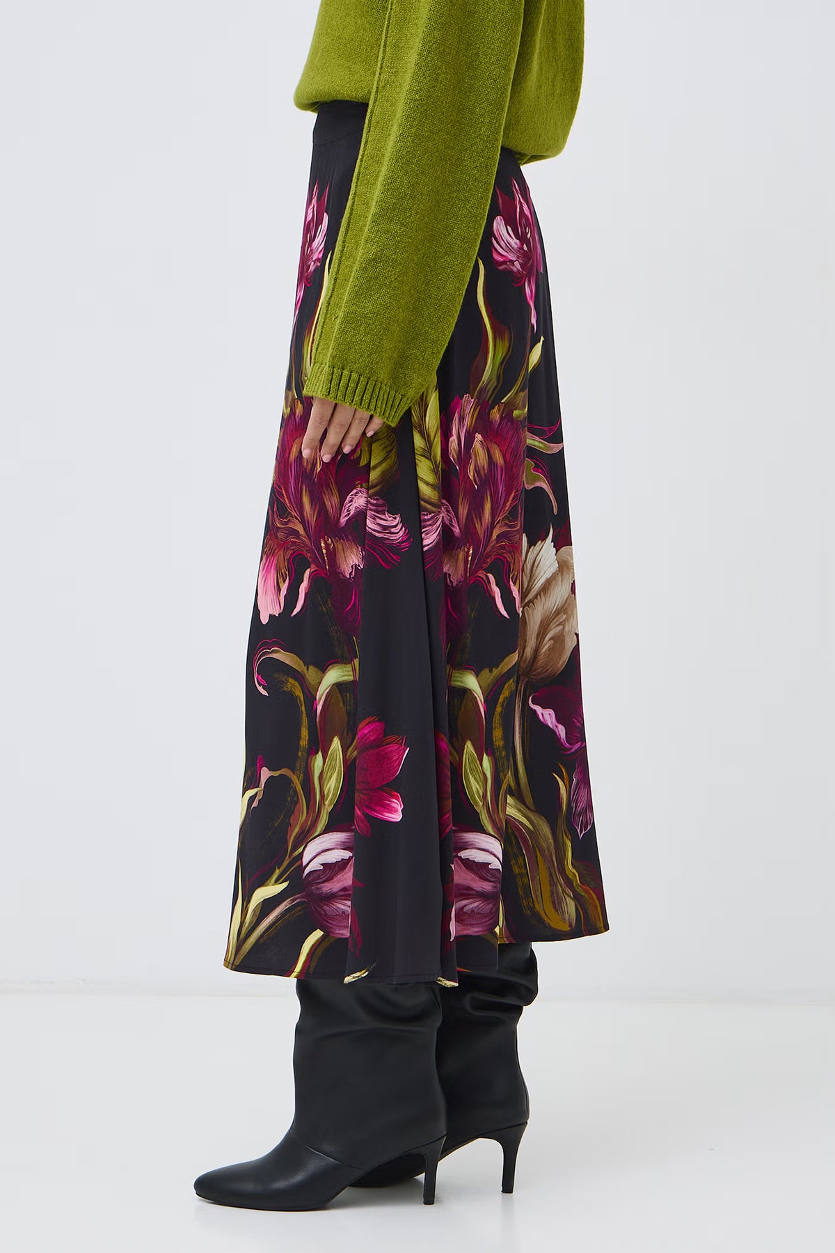 Dames lange rok met kleurrijke bloemenprint – Zwart