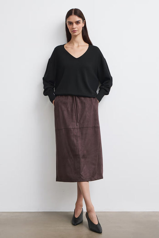 Dames lange rok met lederlook en elastische taille – Donkerbruin