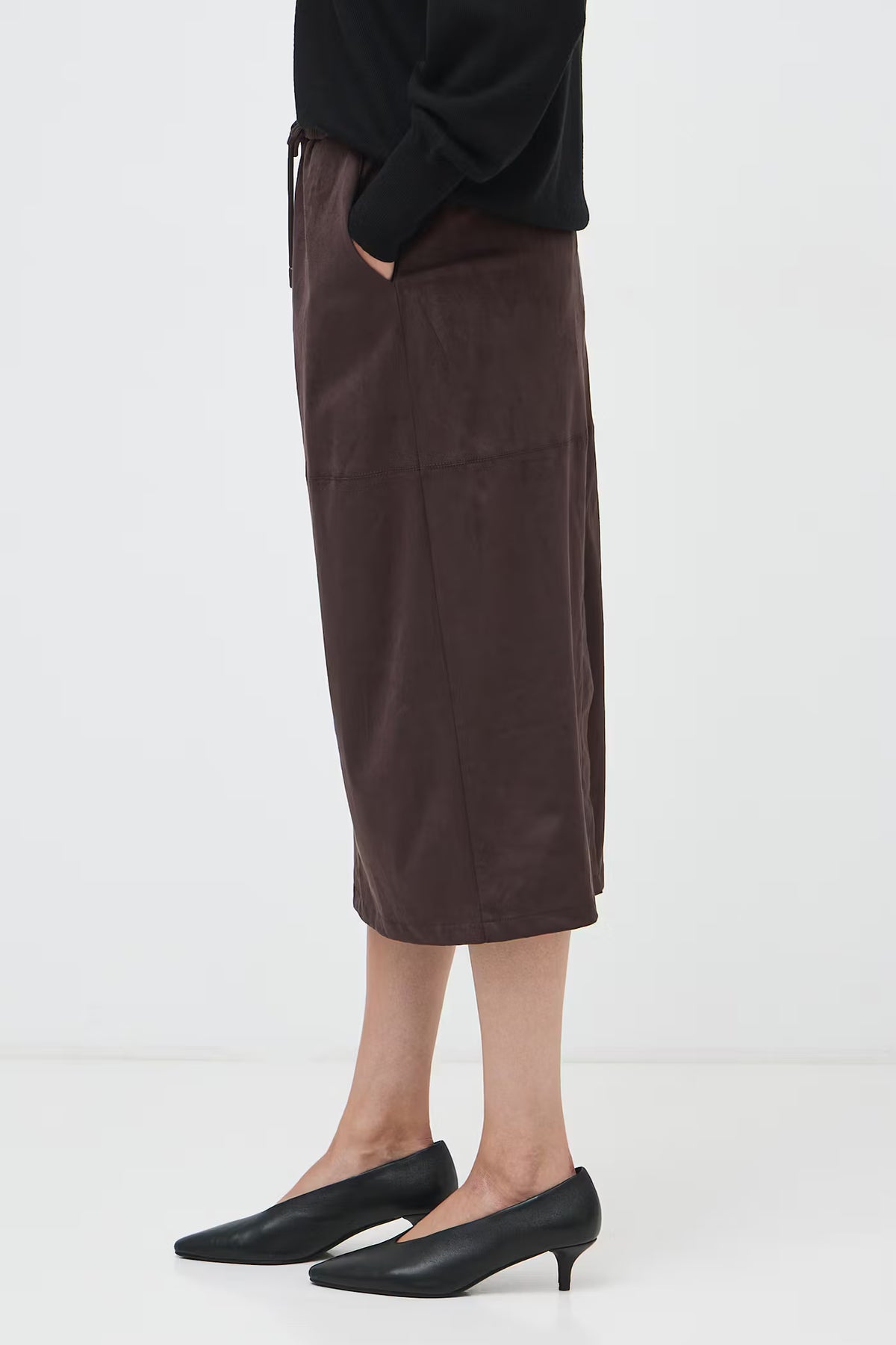 Dames lange rok met lederlook en elastische taille – Donkerbruin