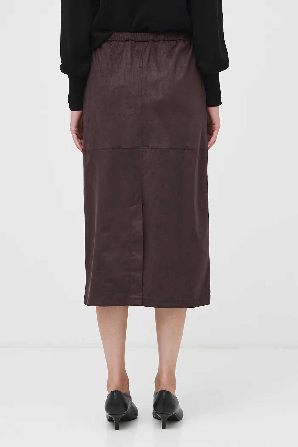 Dames lange rok met lederlook en elastische taille – Donkerbruin
