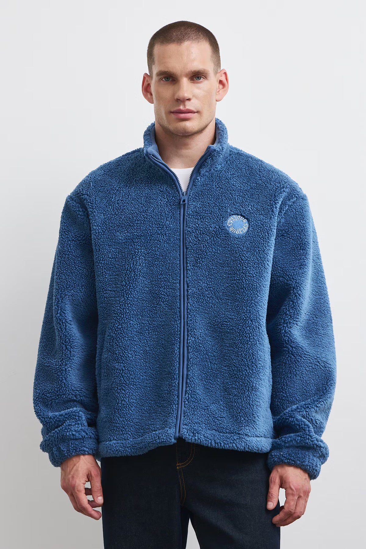 Heren fleece sweater met ritssluiting en borduurwerk