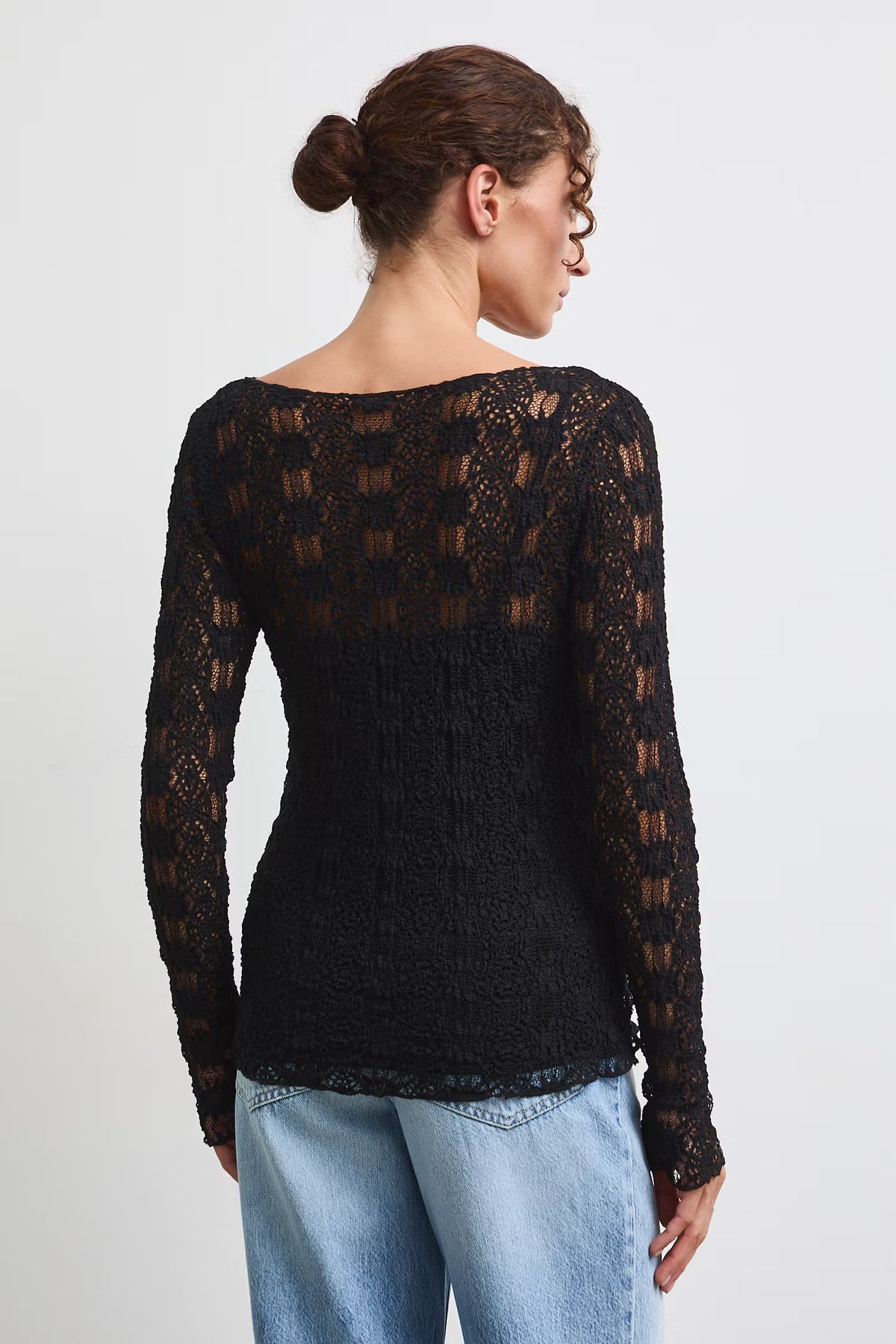 Dames kanten top met lange mouwen – Zwart