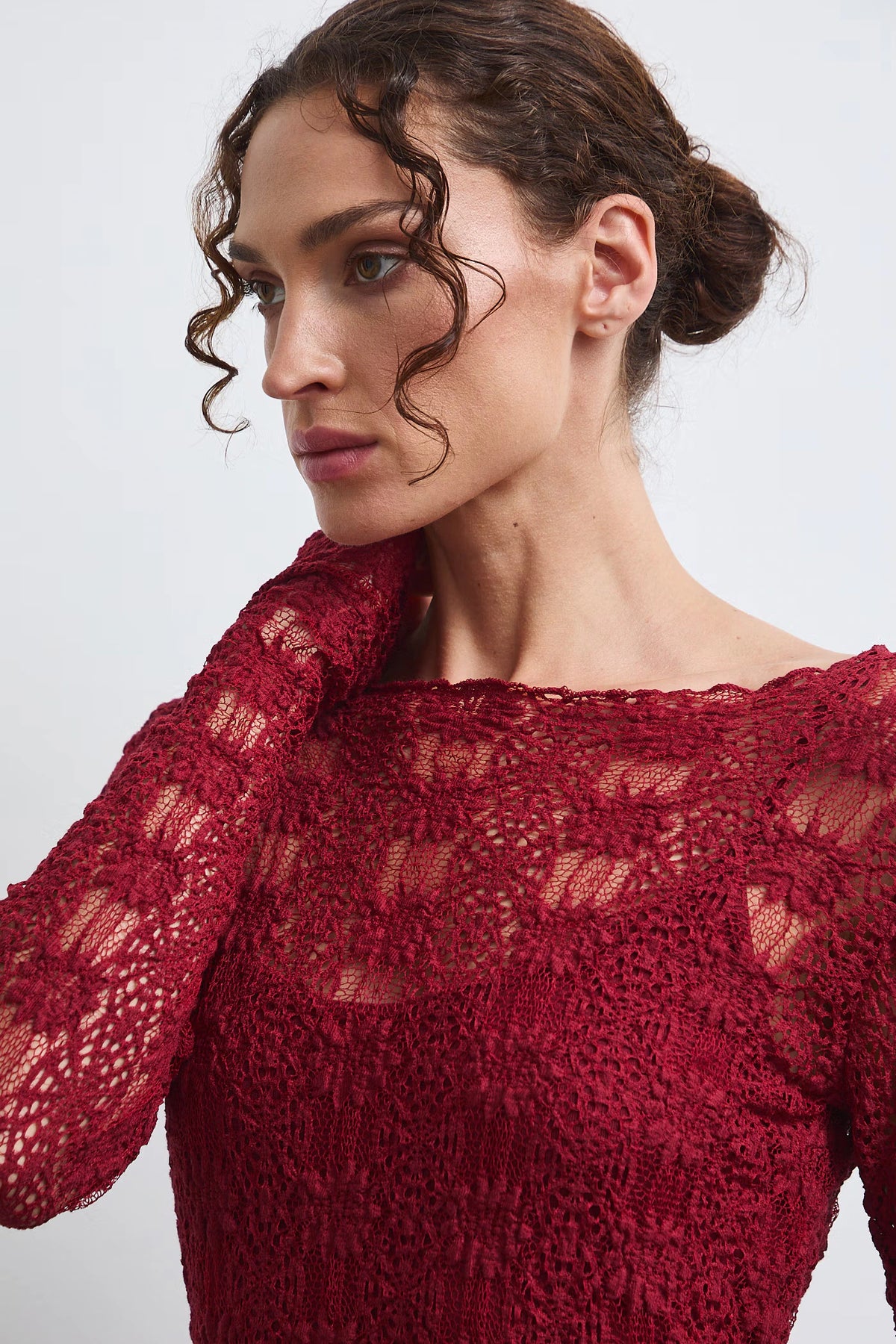 Dames kanten top met lange mouwen – bordeaux rood