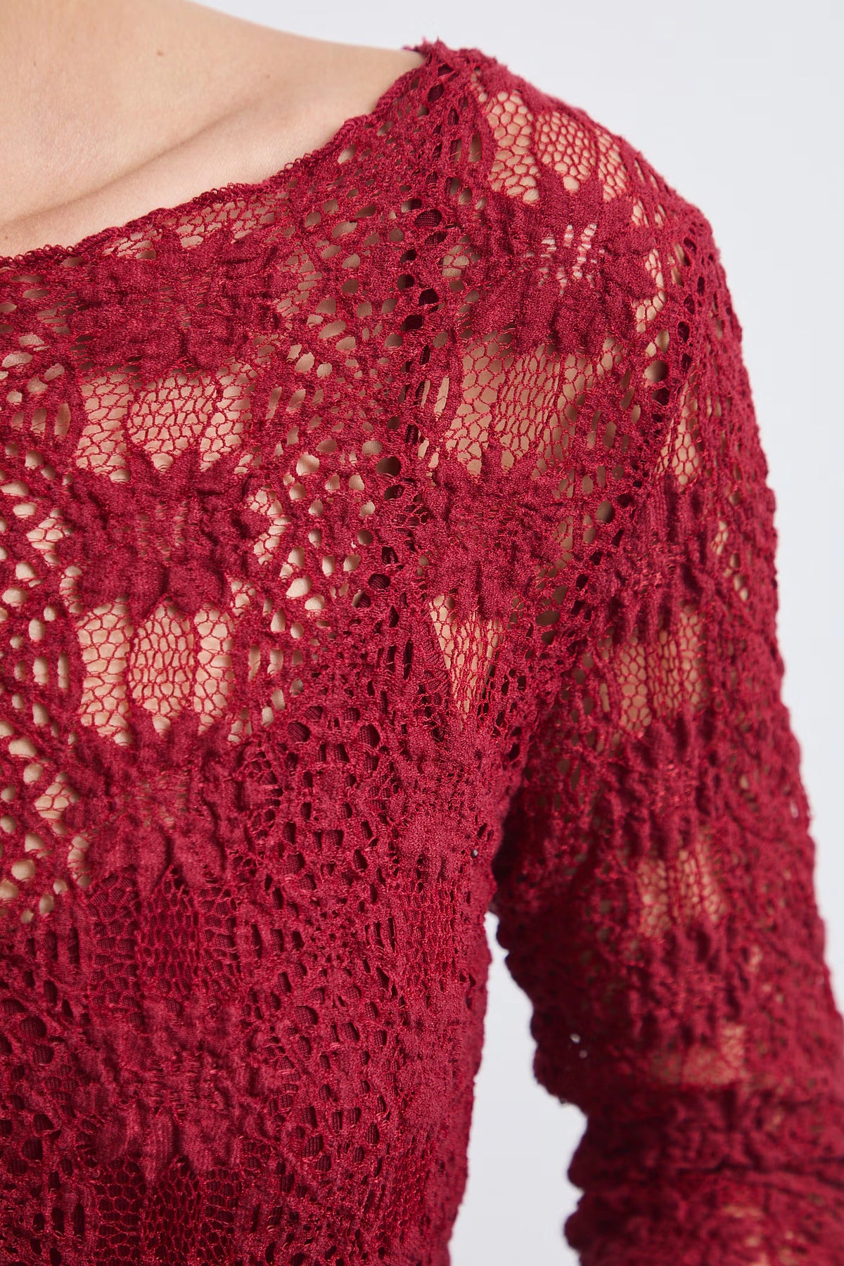 Dames kanten top met lange mouwen – bordeaux rood