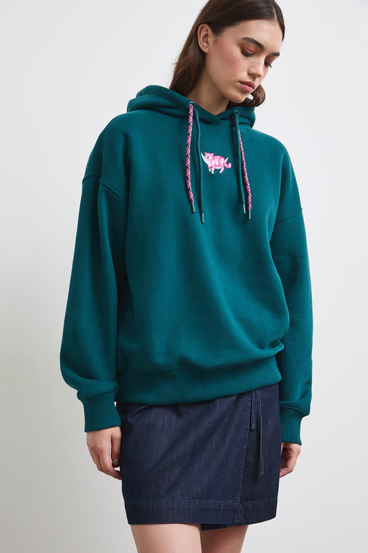 Dames hoodie met kat - groenblauw