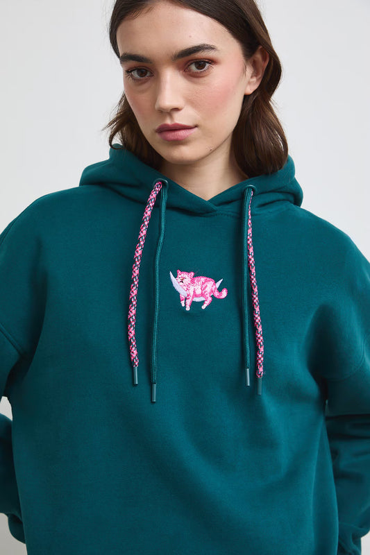 Dames hoodie met kat - groenblauw