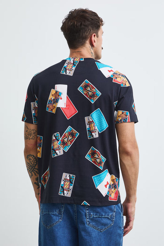 Heren T-shirt met kleurrijke speelkaartenprint en hondenmotief