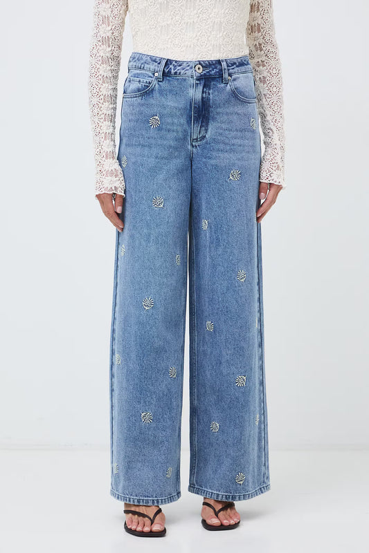 Dames wide leg jeans met geborduurde bloemen