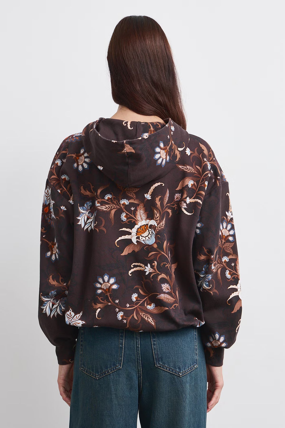 Dames hoodie met sierlijke bloemenprint – Donkerbruin