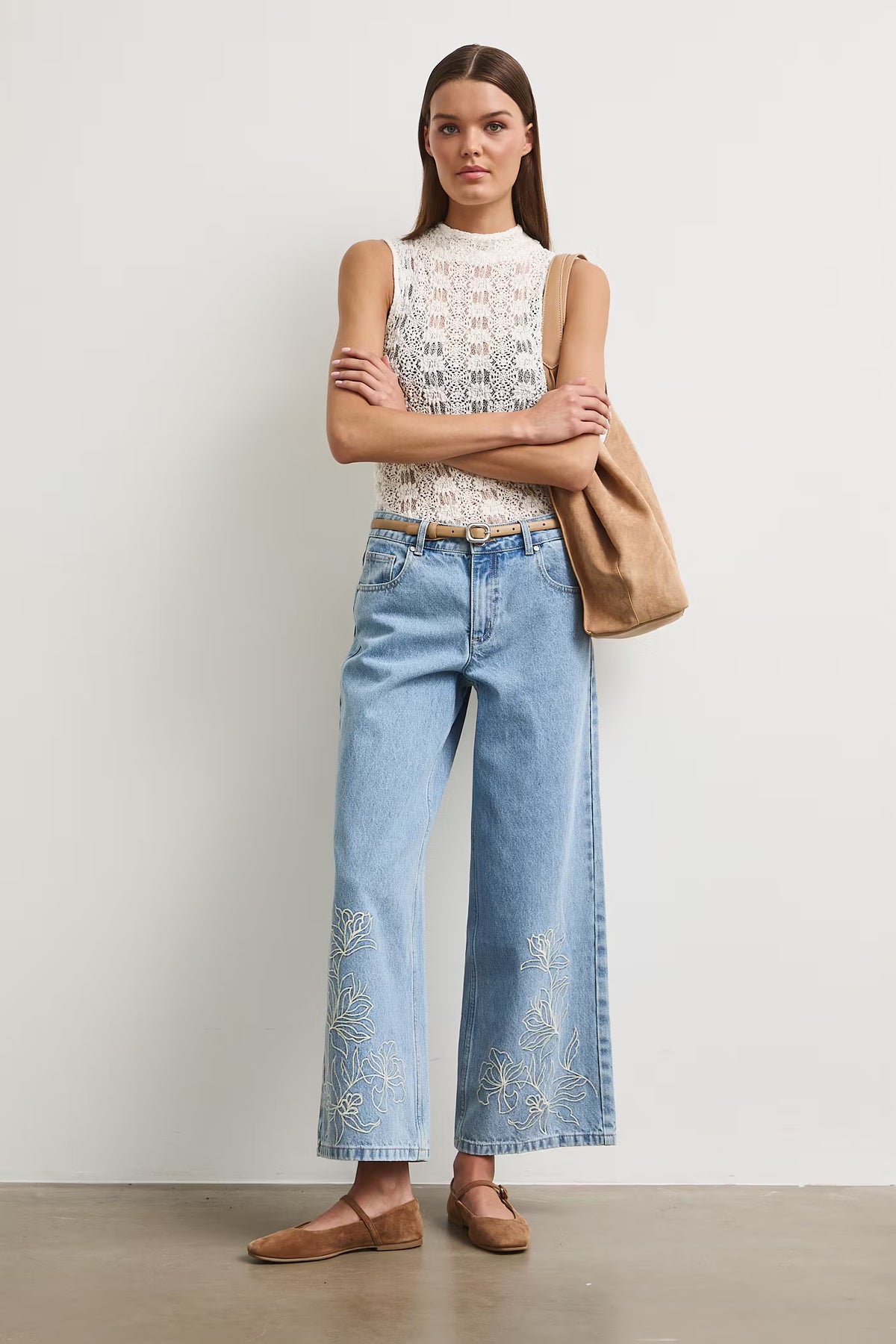 Damesjeans met print wide leg pasvorm